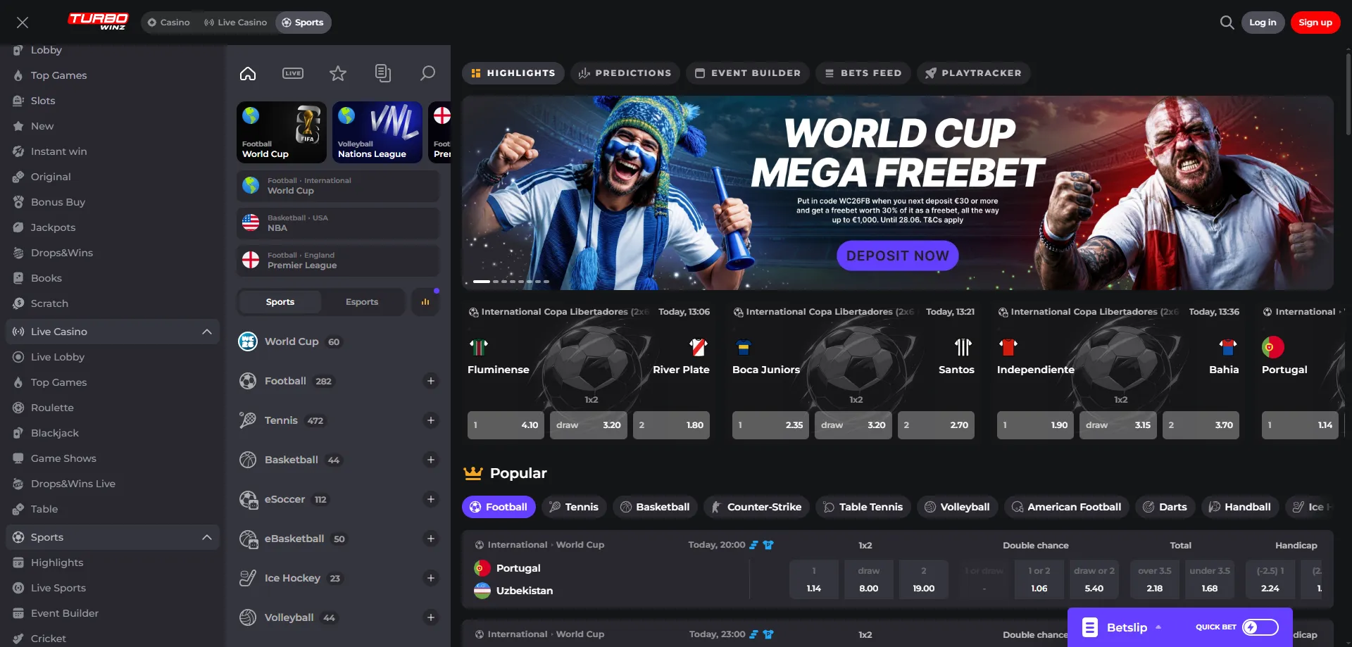 Scommesse sportive su Turbowinz Casino — calcio e sport in diretta