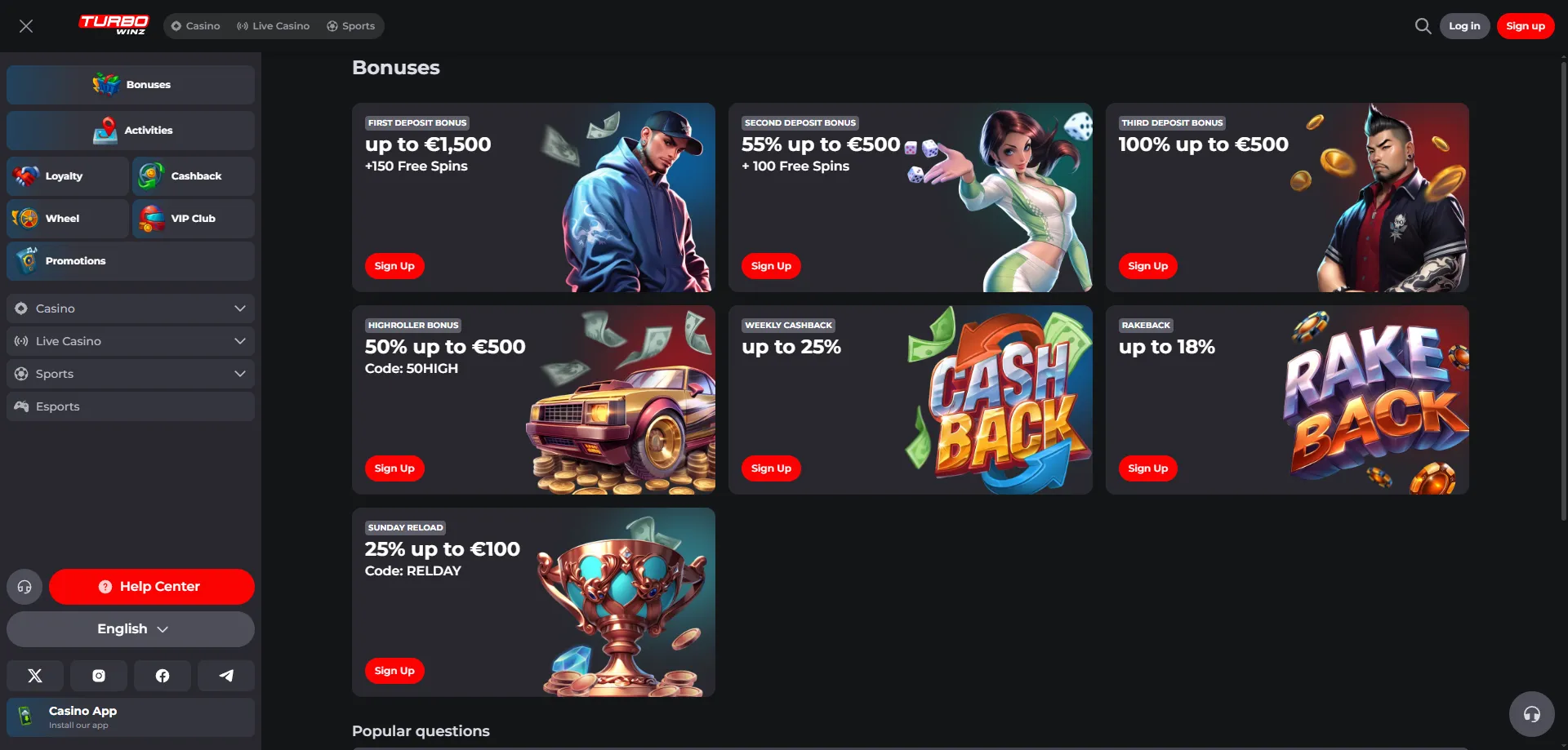 Bonus di benvenuto Turbowinz Casino fino a 1.500 € e 250 giri gratis